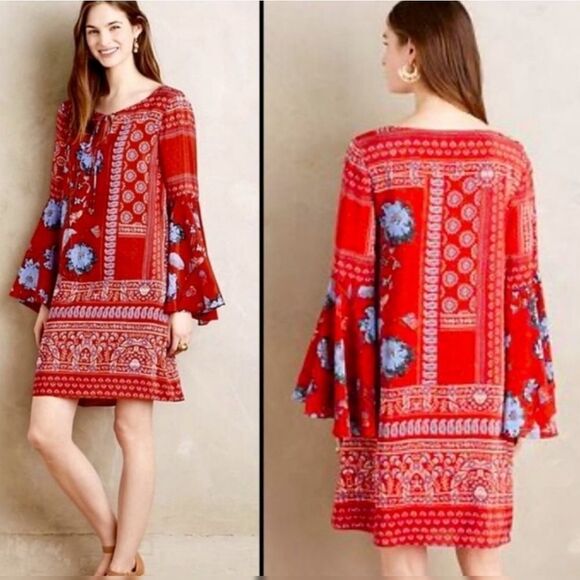 ❌Anthropologie Isabelle Red Silk Floral Bell Sleeve Shift Dress 2 - Picture 6 of 9